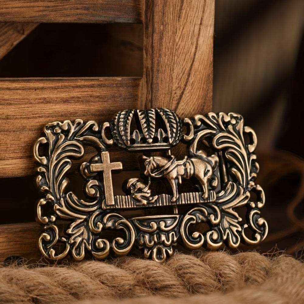 Western Belt Buckle Cross Crown Horse Cowboy Antique Tone